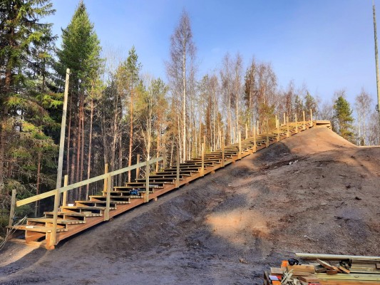 en trätrappa på en backe mitt i skogen